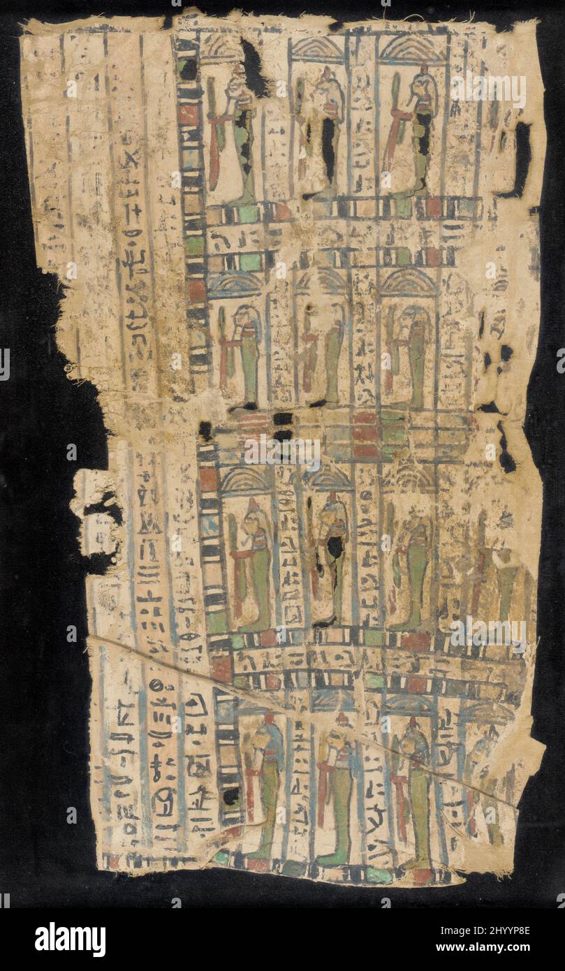 Frammento funerario di stoffa inscritto con un passaggio dal Libro dei morti. Egitto, periodo tolemaico (305 - 31 a.C.). Tessuti. Panno in policromo Foto Stock