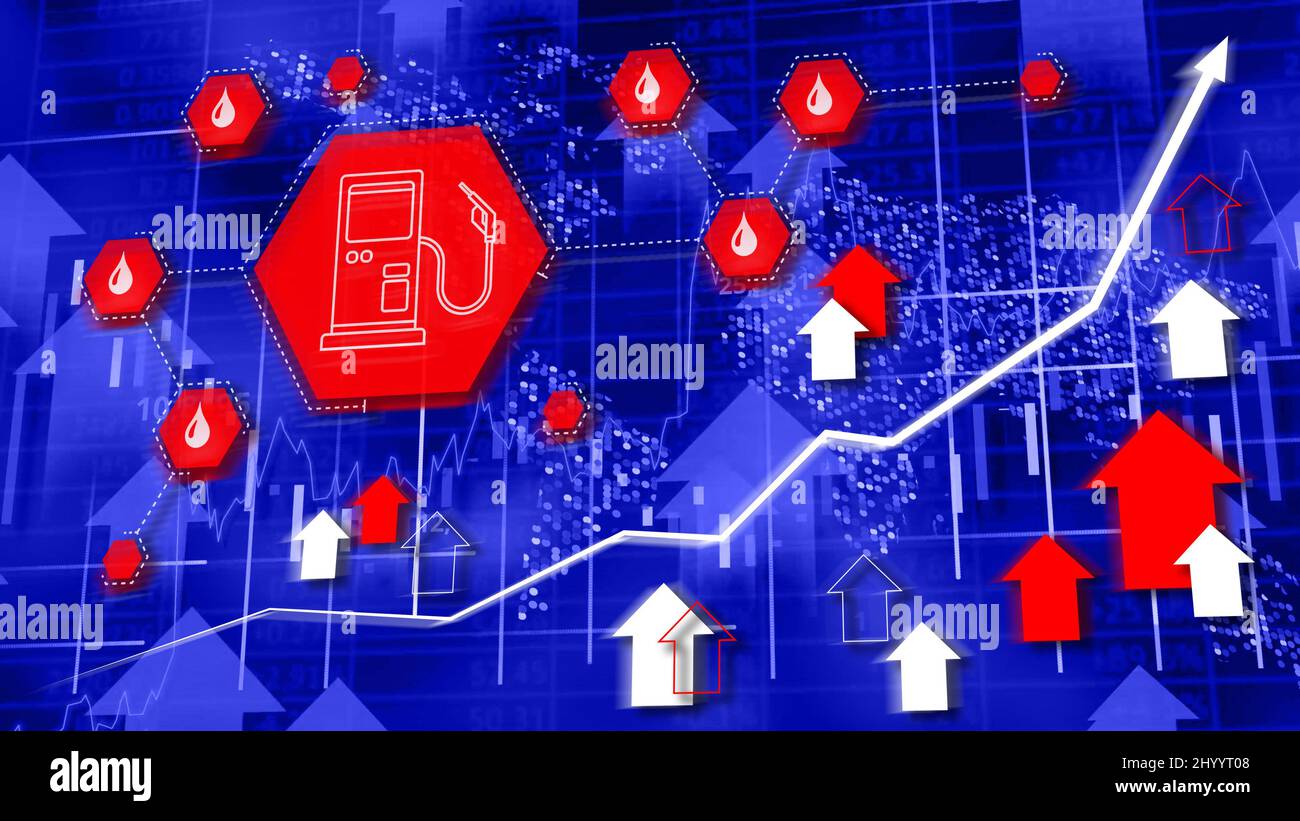 Concetto di aumento dei prezzi del carburante - background hi-tech con segnale pompa benzina e grafico in aumento. Foto Stock