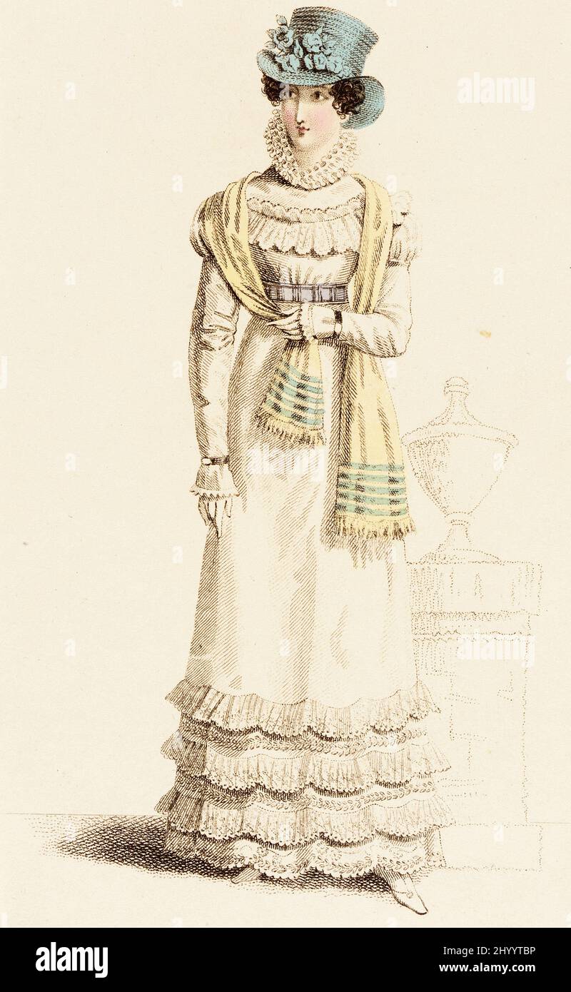 Piatto di moda, 'Parigino Walking Dress'. Inghilterra, Londra, 1815-1819. Stampe; incisioni. Incisione a mano su carta Foto Stock