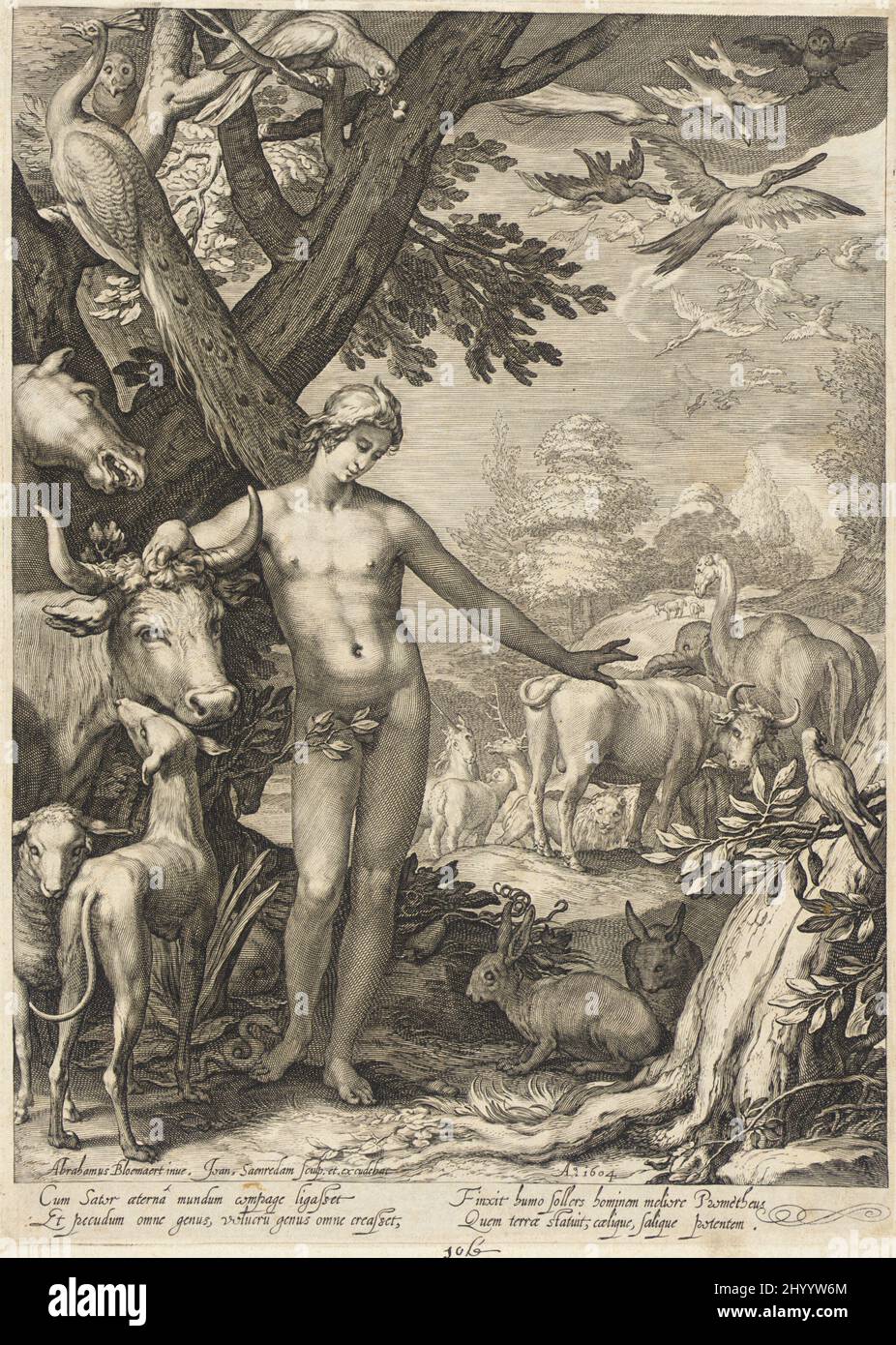 Adam Naming gli animali. Jan Pietersz. Saenredam (Olanda, Zaandam, circa 1565-1607). Olanda, 1604. Stampe; incisioni. Incisione Foto Stock