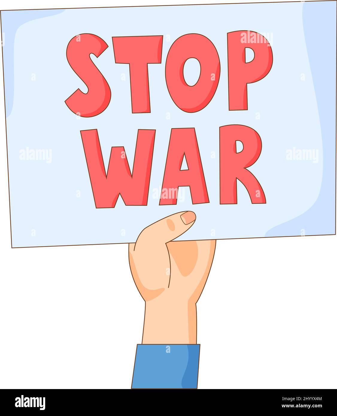 Mano con banner Stop War. Cartello, cartello o poster del movimento antoguerra e pacifista. Richiesta di pace. Vettore Illustrazione Vettoriale