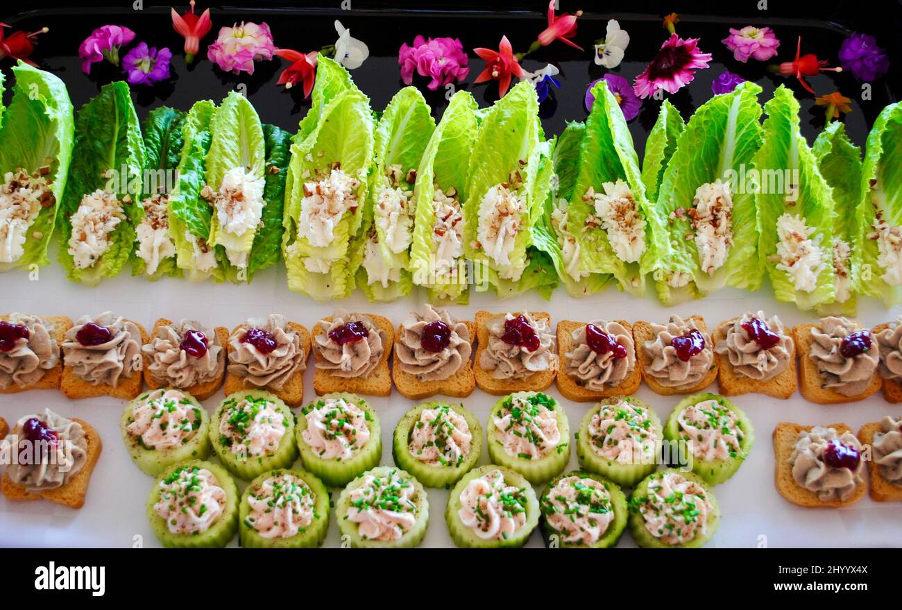 Cocktail hors d'oeuvre esposti su vassoio decorato Foto Stock