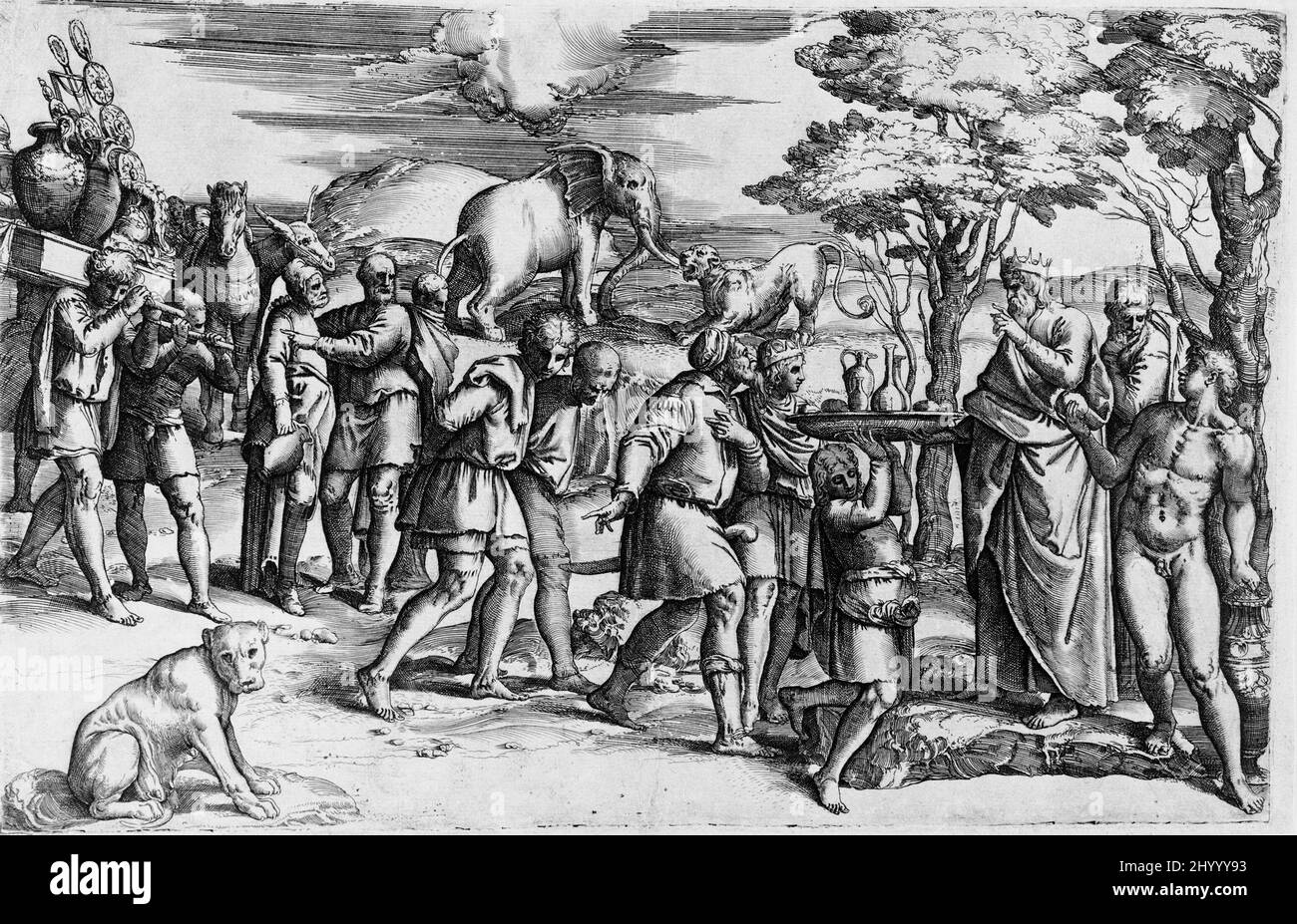 Melchizedek che offre pane e vino ad Abrahamo. Giovanni Battista Franco (Venezia, 1510-1561 circa). Italia, 1554-1561. Stampe; incisioni. Incisione e incisione Foto Stock