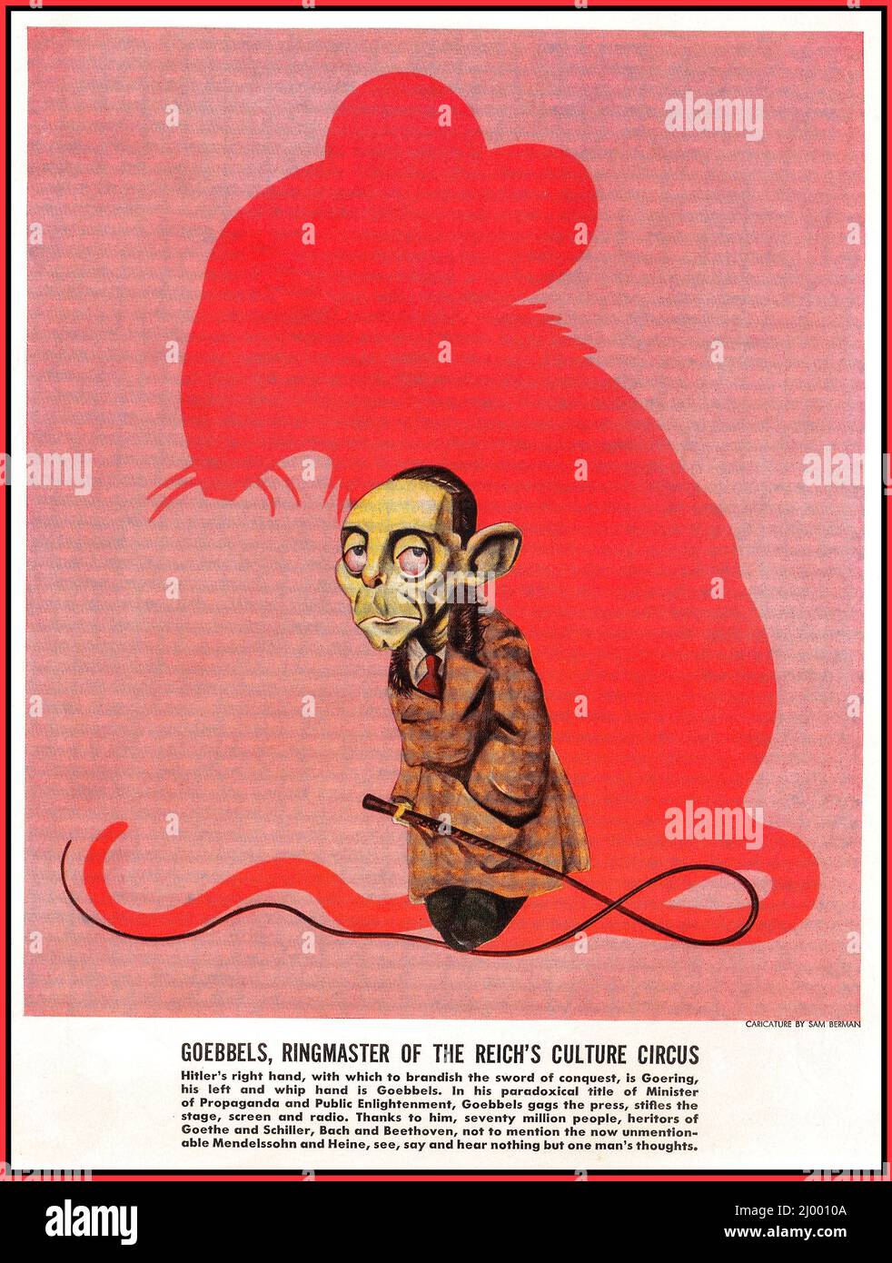 Anti nazisti 1930s Propaganda caricatura politica di Goebbels realizzata dal cartoonista americano Sam Berman (rivista 'Ken''), 1938 GOEBBELS MAESTRO DEL CIRCO DELLA CULTURA REICHS Foto Stock