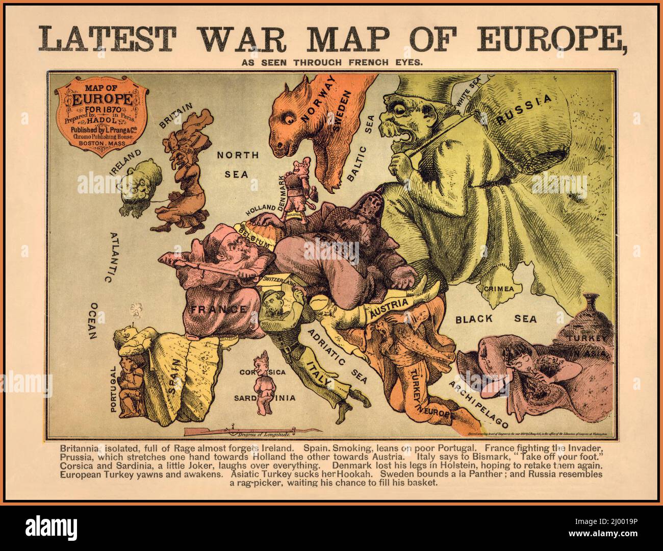 Vintage 'ultima mappa di guerra d'Europa' 1870 visto attraverso gli occhi francesi. Pubblicato a Boston Massachusetts USA Foto Stock