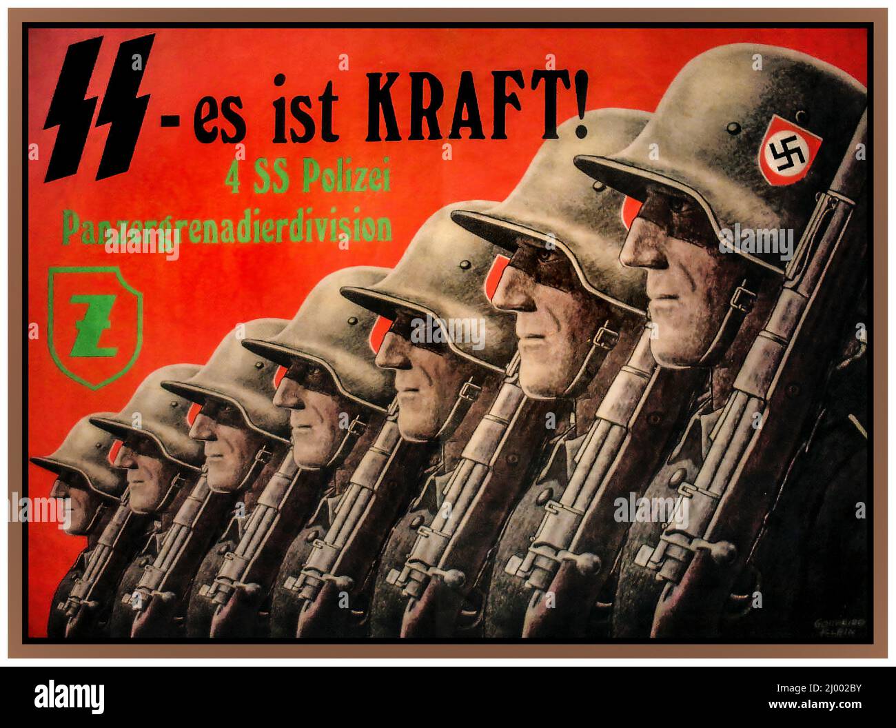 POLIZIA SS NAZISTA Vintage 1940 WW2 Propaganda nazista Poster di reclutamento per la polizia SS, 'PanzergrenadierDivision' Panzer Grenadier Division 'S es ist KRAFT !' SS è IL POTERE della Germania nazista Foto Stock