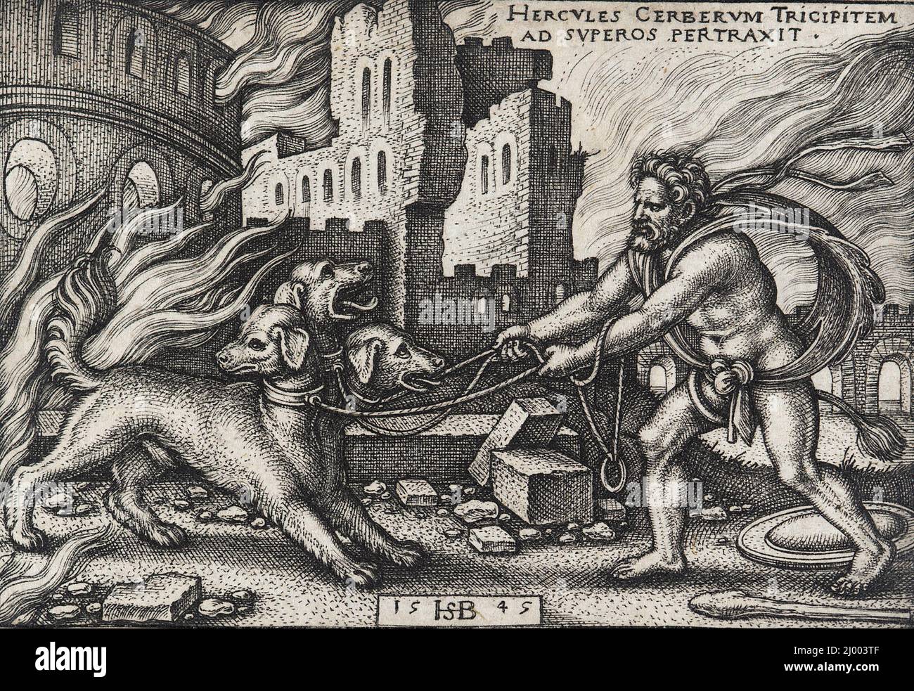 Ercole cattura Cerberus. Hans Sebald Beham (Germania, Norimberga, 1500-1550). Germania, 1545. Stampe; incisioni. Incisione Foto Stock