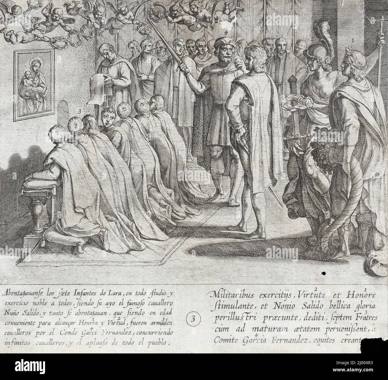 Gli Infantes sono soprannominati Cavalieri da Conde Garci Fernandez. Antonio Tempesta (Italia, Firenze, 1555-1630). Italia, 1612. Stampe; incisioni. Acquaforte Foto Stock