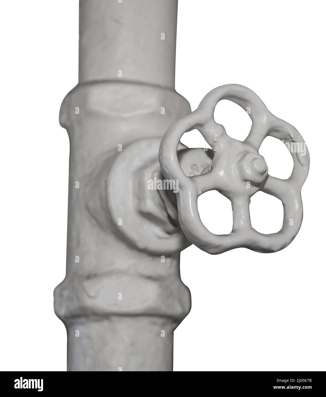 Un pezzo di tubo e un rubinetto dipinto di bianco, su sfondo bianco in isolamento Foto Stock