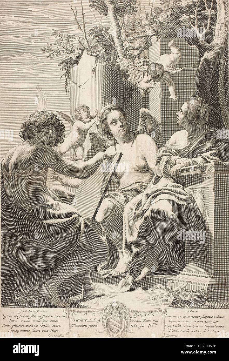 Allegoria sulle Facoltà dell'anima. Claude Mellan (Francia, Abbeville, 1598-1688)Simon Vouet (Francia, Parigi, 1590-1649). Francia, 1625. Stampe; incisioni. Incisione Foto Stock