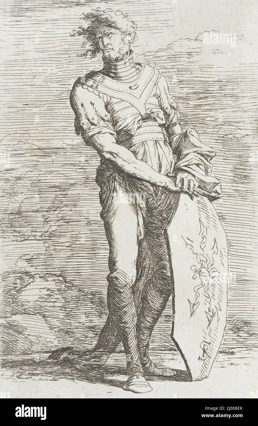 Figurine: Sting Warro con Shield. Salvator Rosa (Italia, Napoli, 1615-1673). Italia, circa 1656-1657. Stampe; incisioni. Acquaforte Foto Stock