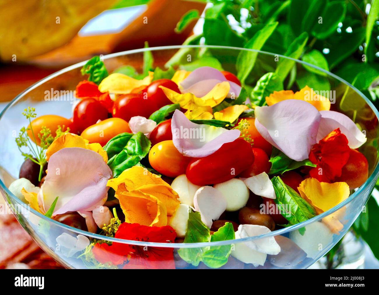 Insalata estiva decorata con petali di rosa Foto Stock