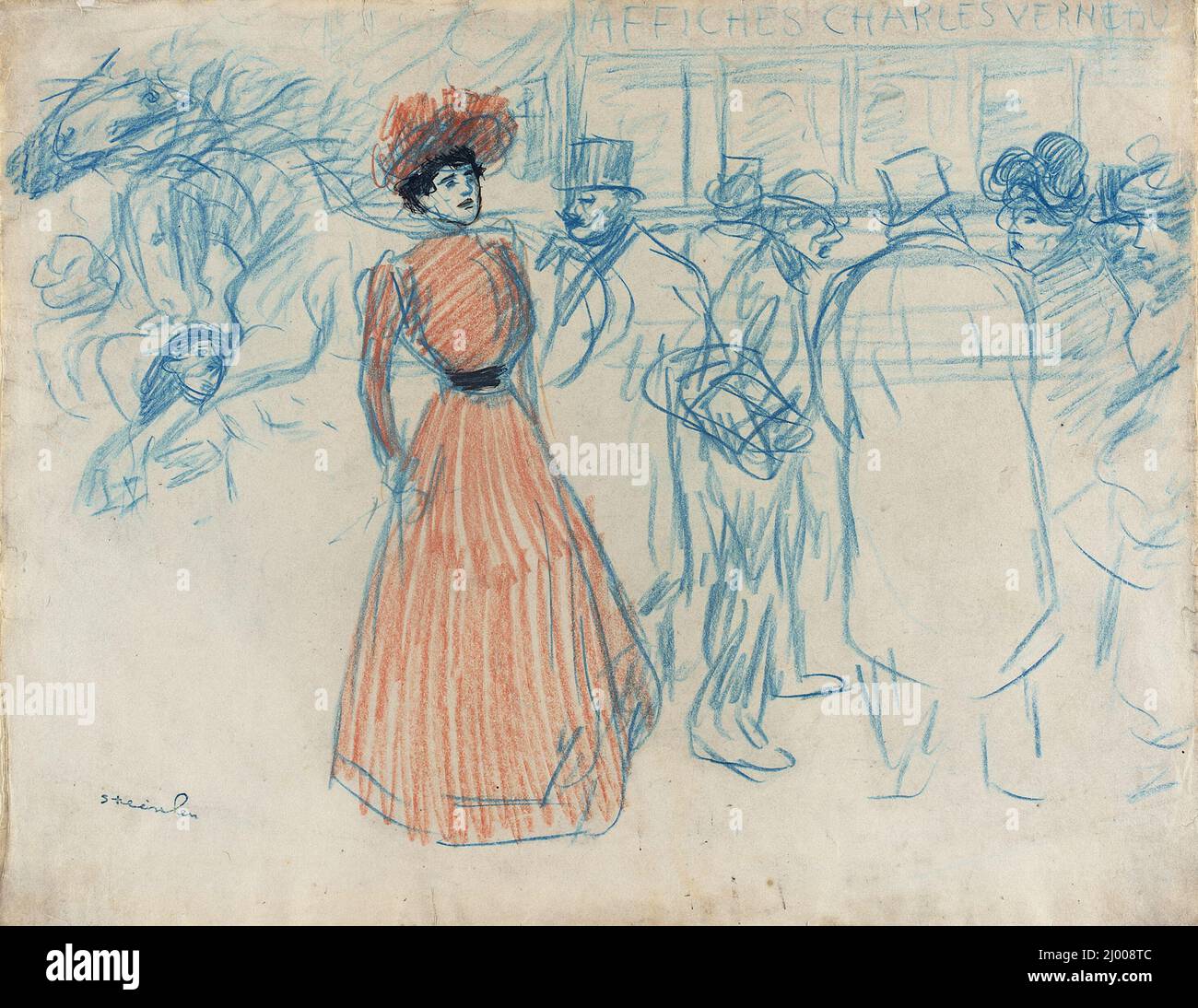 Donna alla fermata dell'autobus. Théophile Alexandre Steinlen (Svizzera, Losanna, Francia attiva, 1859-1923). Francia, nessuna data. Disegni. Matita blu e rossa, inchiostro nero e acquerello Foto Stock