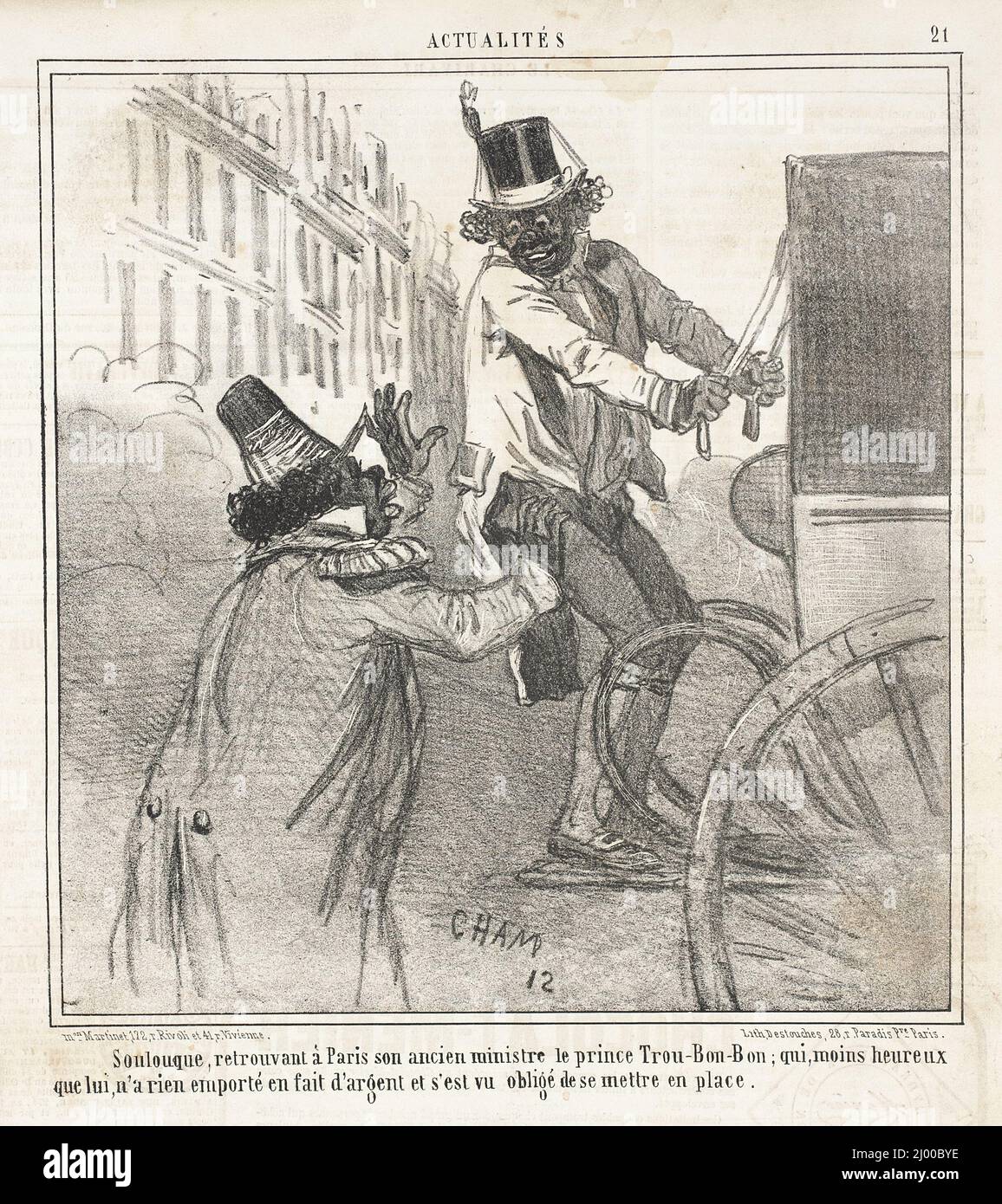 Soulouque, retruvant à Paris son ancien ministre le Prince Trou-bon-bon; qui, moine heureux que lui, n'a rien emporté en fait d'argent et s'est vu obligé de se mettre en place.. Cham (Conte Amédée-Charles-Henry de Noé) (Francia, Parigi, 1819-1879). Francia, 1859. Stampe; litografie. Litografia Foto Stock