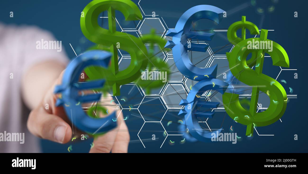 Uomo toccando le icone euro e dollaro valuta - concetto di finanza Foto Stock