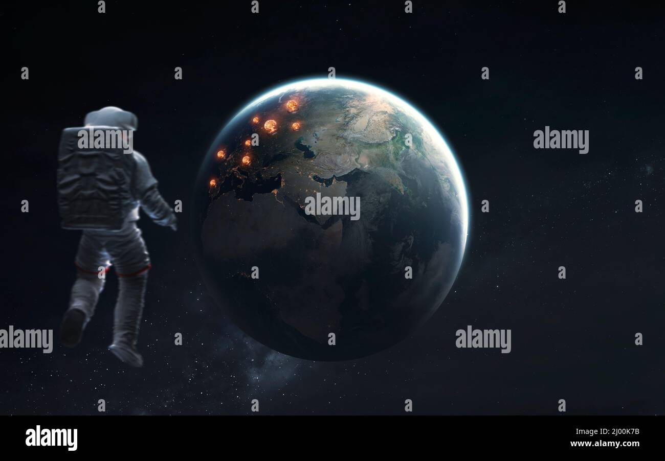 3D illustrazione dell'esplosione nucleare sul pianeta terra. Guerra mondiale, fine della civiltà. Elementi di immagine forniti dalla NASA Foto Stock