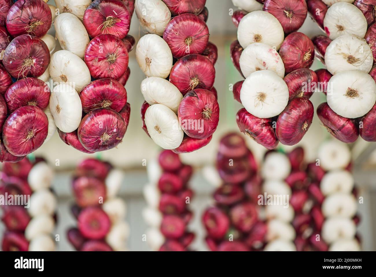 Commercializzazione diretta di treccia di aglio e cipolle appese di fronte, cipolla rossa e bianca Foto Stock