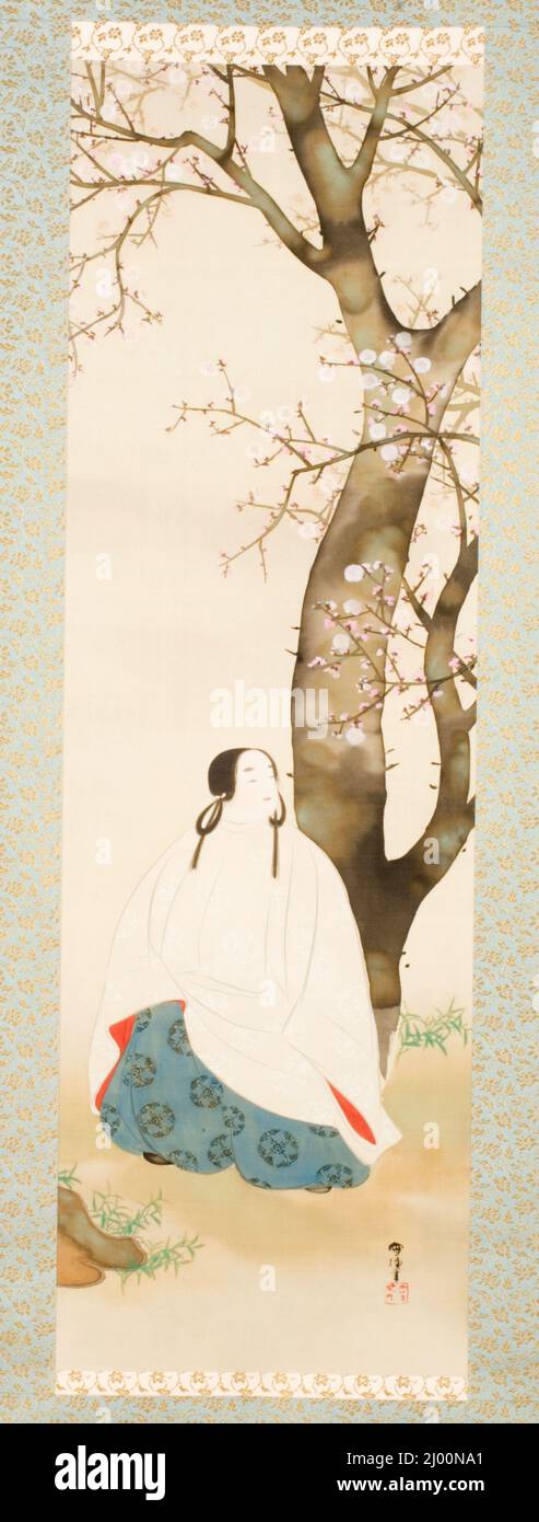 Sugawara Michizane che guarda ai Plum Blossoms. Kamisaka Sekka (Giappone, 1866-1942). Circa 1920-1935. Quadri; scorre. Rotolo sospeso; colore e inchiostro su seta Foto Stock