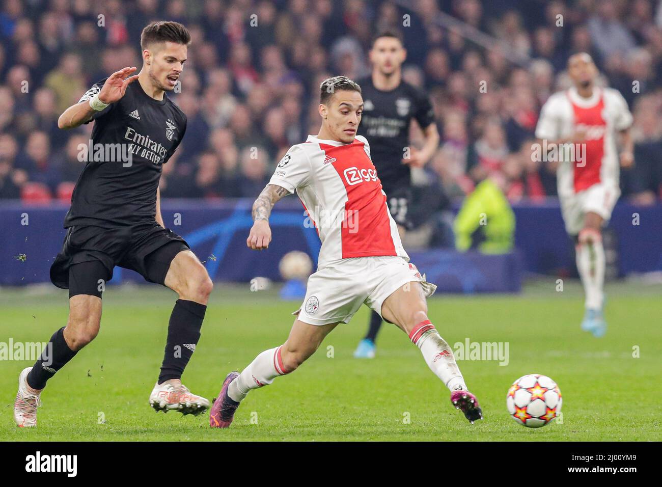 AMSTERDAM, PAESI BASSI - 15 MARZO: Julian Weigl di SL Benfica, Antony di Ajax durante la partita finale della UEFA Champions League 1/8 tra Ajax e Benfica alla Johan Cruijff Arena il 15 marzo 2022 ad Amsterdam, Paesi Bassi (Foto di Peter Lous/Orange Pictures) Foto Stock