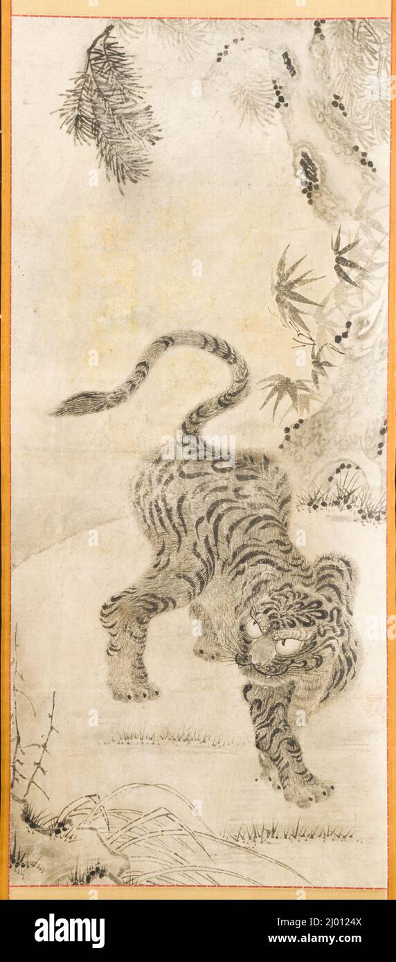Tigre sotto Bambù e alberi di pino. Corea, Corea, dinastia Joseon, 1392-1910, 19th secolo. Dipinti. Scorrimento sospeso, inchiostro sulla carta Foto Stock