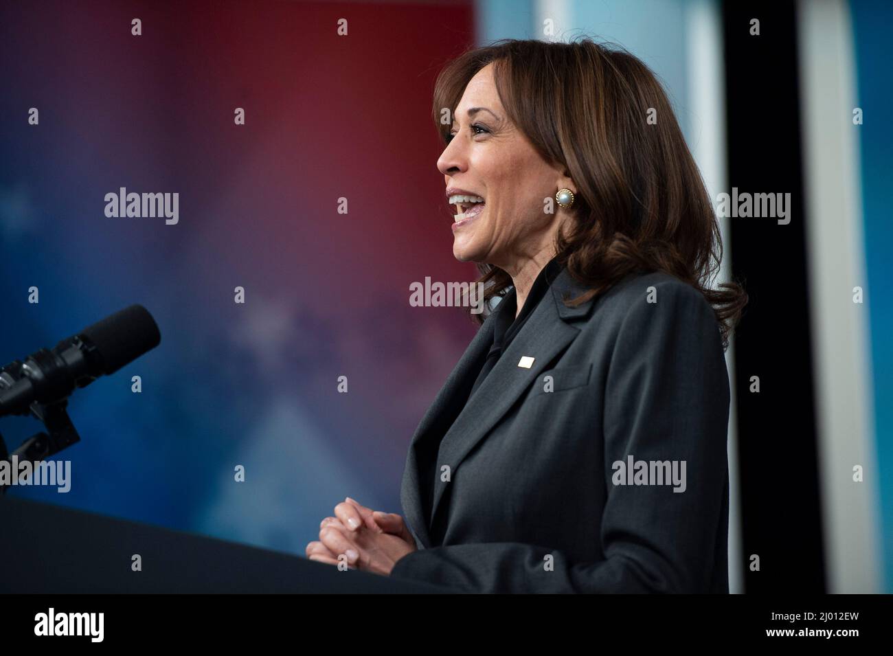 Washington, Vereinigte Staaten. 15th Mar 2022. Il vicepresidente degli Stati Uniti Kamala Harris parla durante un vertice di pari giorno di paga in cui ha annunciato i piani che l'amministrazione di Biden-Harris sta prendendo per anticipare l'equità di paga e promuovere la sicurezza economica di womens nella corte sud della Casa Bianca a Washington, DC martedì 15 marzo 2022. Credit: Bonnie Cash/Pool via CNP/dpa/Alamy Live News Foto Stock