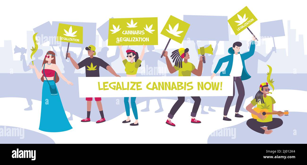 Manifestazione incontro legalizzazione della cannabis composizione con persone e banner legalizzare la cannabis ora illustrazione vettoriale Illustrazione Vettoriale