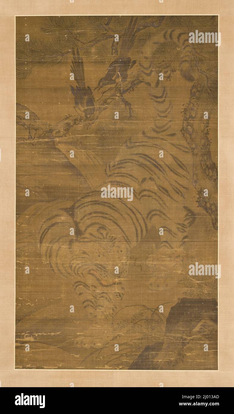Tiger, Magpies e Pine. Corea, Corea, dinastia Joseon, 1392-1910, 18th secolo. Dipinti. Rotolo, inchiostro e colore appesi sulla seta Foto Stock