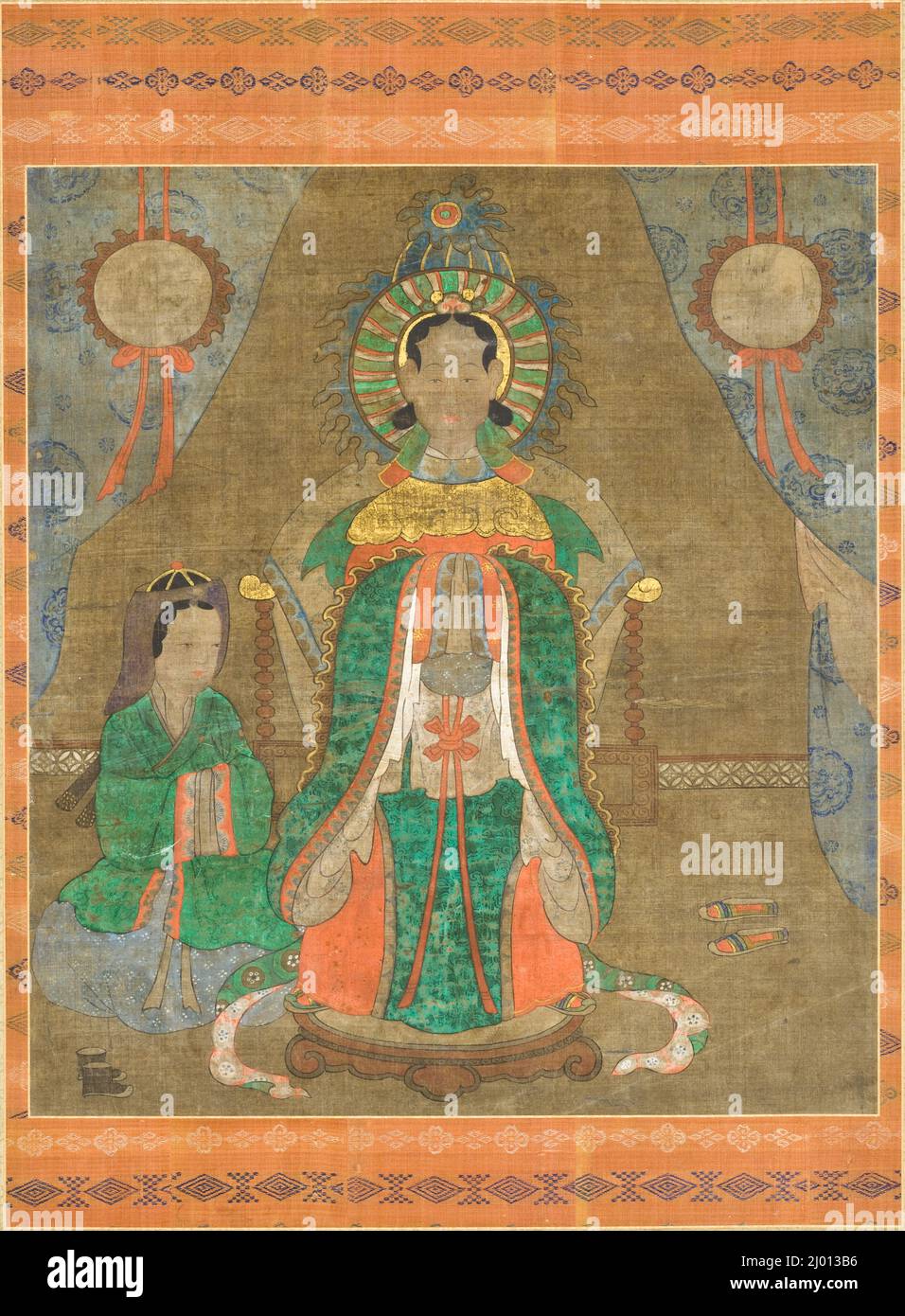 Spirito di una Nobile Donna (probabilmente Principessa pari) e Attendant. Corea, Corea, dinastia Joseon (1392-1910), 18th secolo. Dipinti. Rotolo, inchiostro e colore appesi sulla seta Foto Stock