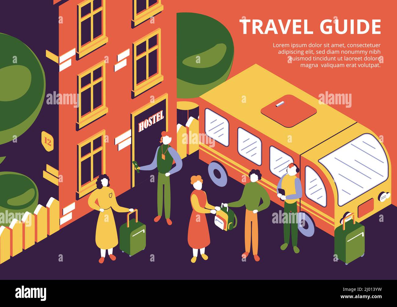 Gruppo di turisti con bagaglio e guida di viaggio in arrivo a ostello 3D isometrica vettore illustrazione Illustrazione Vettoriale