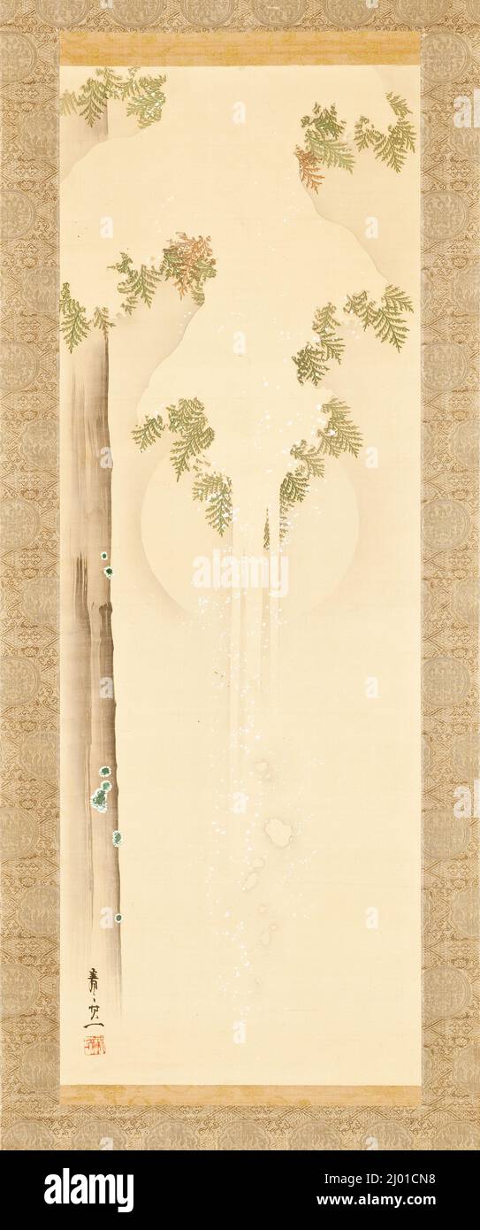 Neve su Cypress con Luna piena. Suzuki Kitsu (Giappone, 1796-1858). Giappone, circa 1840. Quadri; scorre. Rotolo sospeso; inchiostro e colore su seta Foto Stock