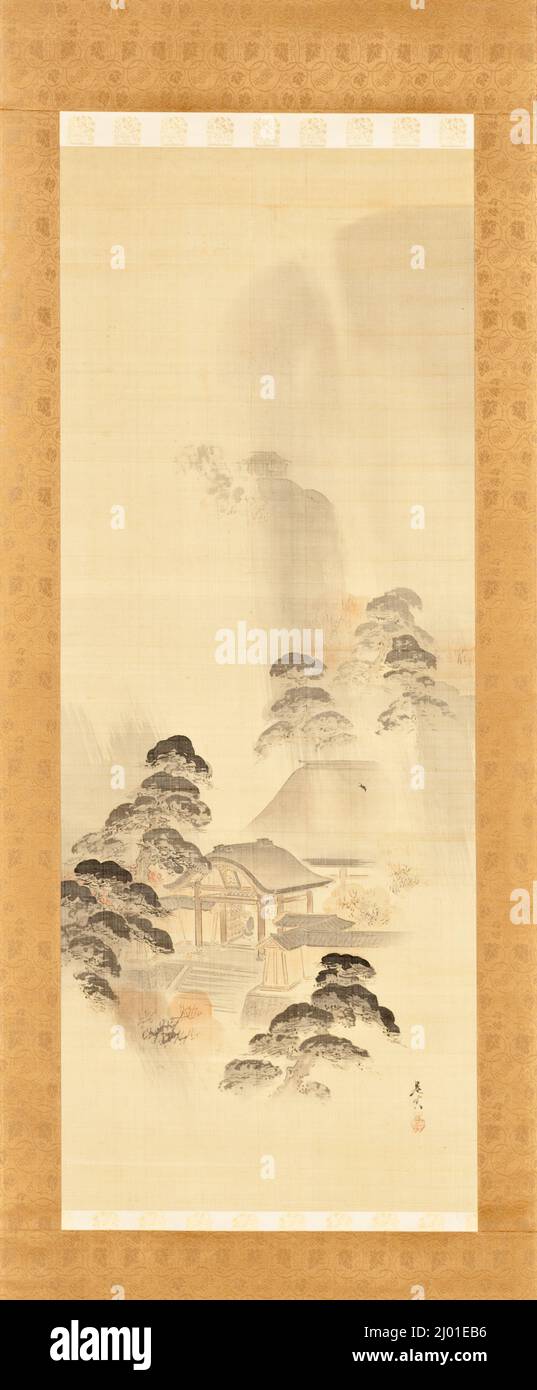 Tempio in autunno pioggia. Shibata Zeshin (Giappone, 1807-1891). Seconda metà del 19th secolo. Quadri; scorre. Rotolo sospeso; inchiostro e colore su seta Foto Stock