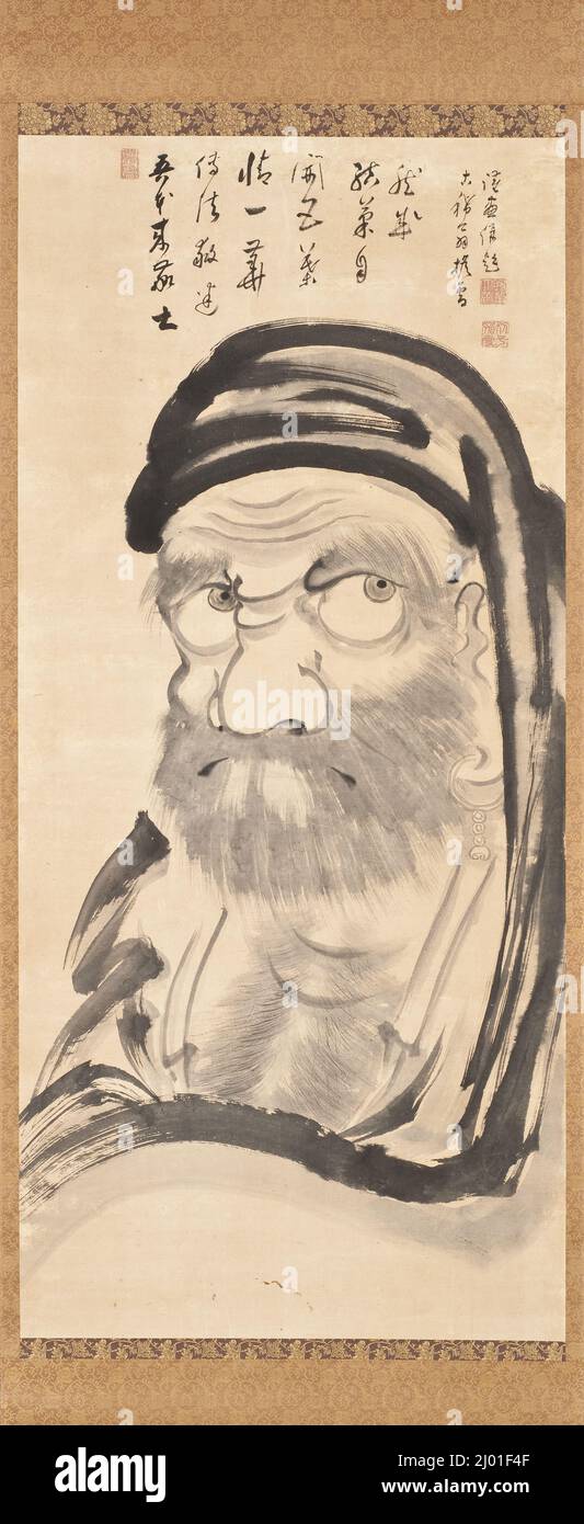 Bodhidharma (Daruma). Taikan Monju (Giappone, 1766-1842). 1836. Dipinti; rotoli. Scorrimento sospeso; inchiostro sulla carta Foto Stock