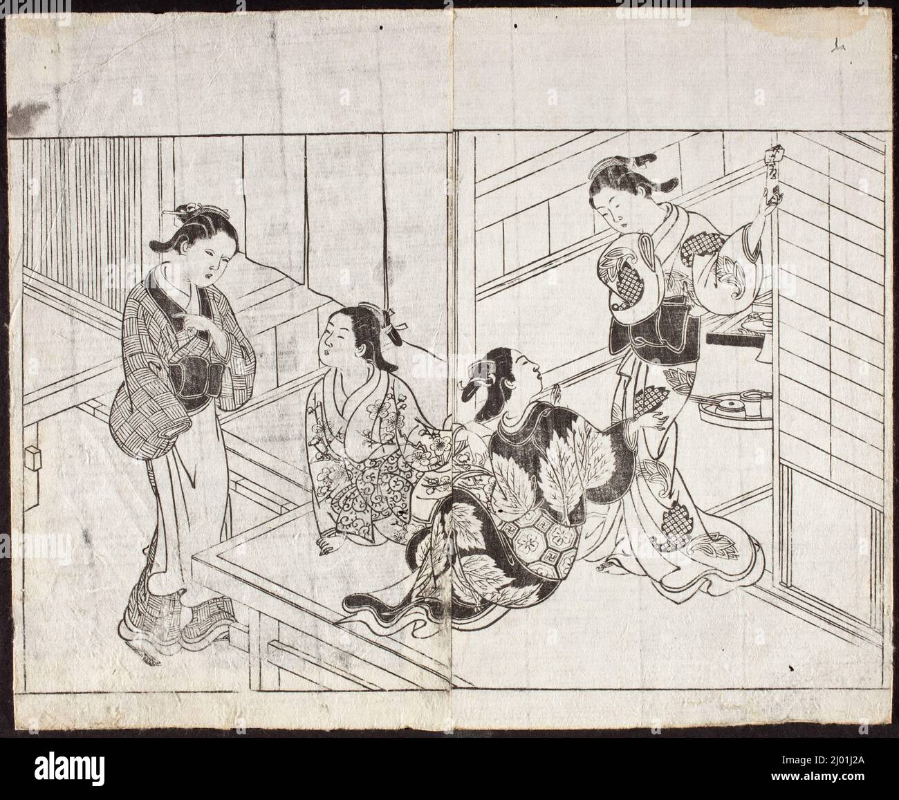 Donne delle Case Verdi, dai Fiori eterni, Un libro di foto. Nishikawa Sukenobu (Giappone, 1671-1750). 1730. Stampe; blocchi di legno. Stampe in bianco e nero di woodblock, coppia di pagine da un libro illustrato Foto Stock