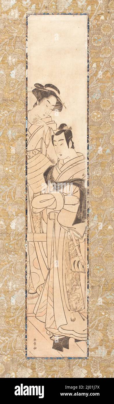 Donna con uomo in costume Komusō (forse Kewaizaka no Shōshō e Soga no Jurō in una Soga Play). Katsukawa Shunshō (Giappone, 1726-1792). Giappone, fine 18th secolo. Stampe; blocchi di legno. Stampa a blocchi di legno a colori Foto Stock