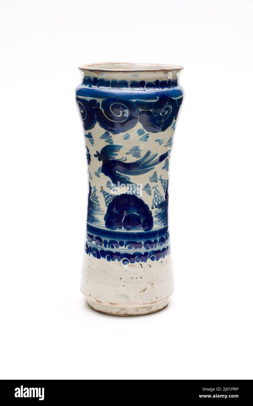 Vaso di afroceria (Albarelo). Artista non identificato. Messico, Puebla de los Ángeles, circa 1700-1750. Mobili; Accessori. Terracotta stagnata Foto Stock