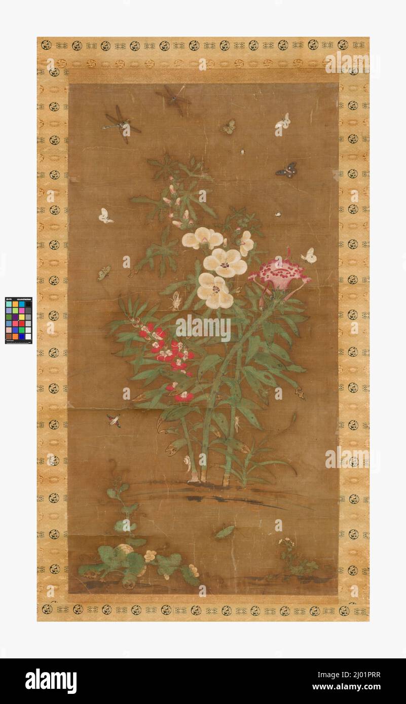 Fiori ed insetti. Cina, provincia di Zhejiang, Cina, dinastia Yuan (1260-1368), 14th secolo. Dipinti. Rotolo appeso; inchiostro e colori minerali su seta Foto Stock