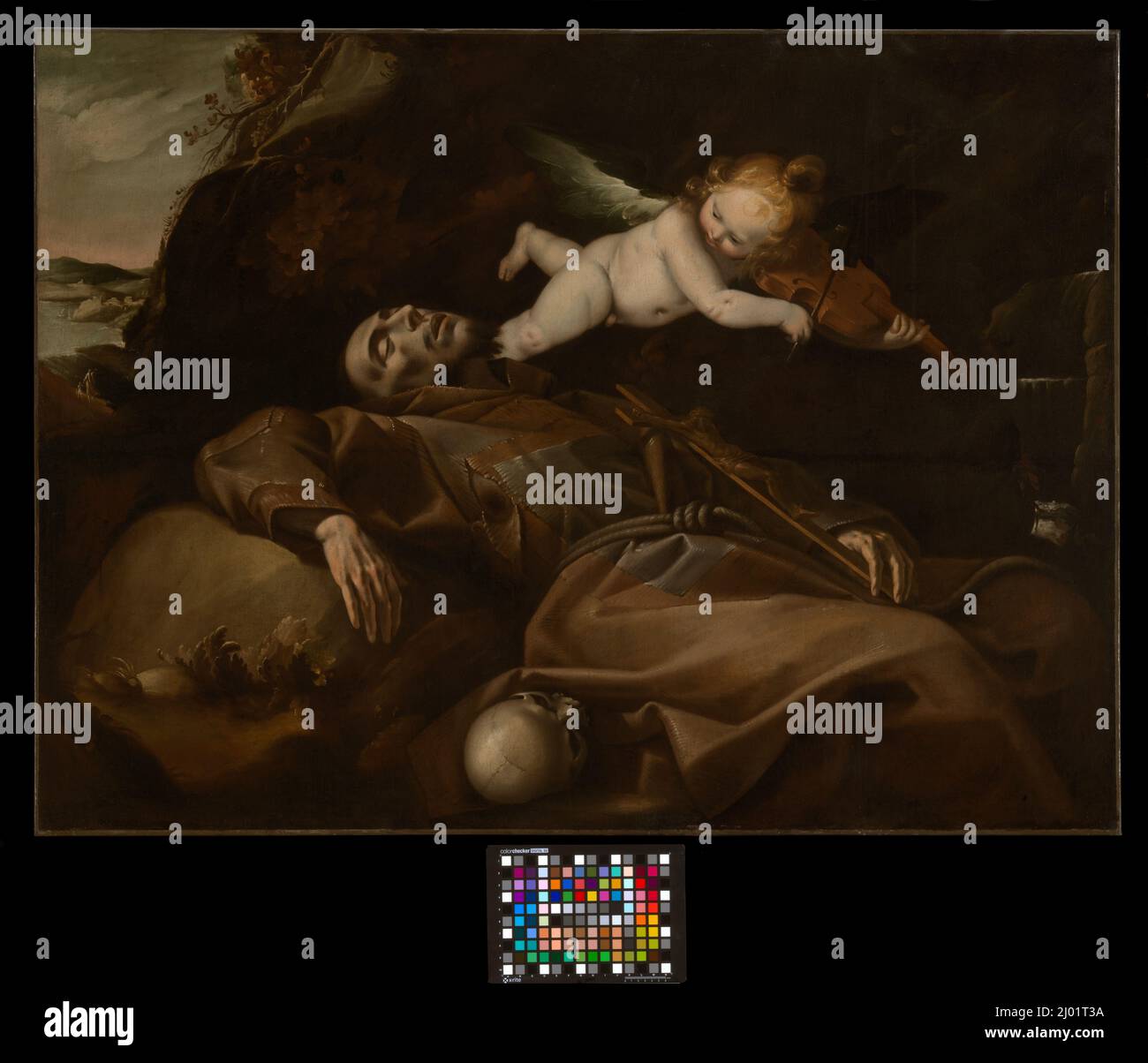 San Francesco confortato da un Angelo. Pier Francesco Mazzucchelli (attribuito a) (chiamato Morazzone) (Italia, Lombardia, 1573-1626)Anonymous (Scuola Lombarda). Italia, circa 1615. Dipinti. Olio su tela Foto Stock