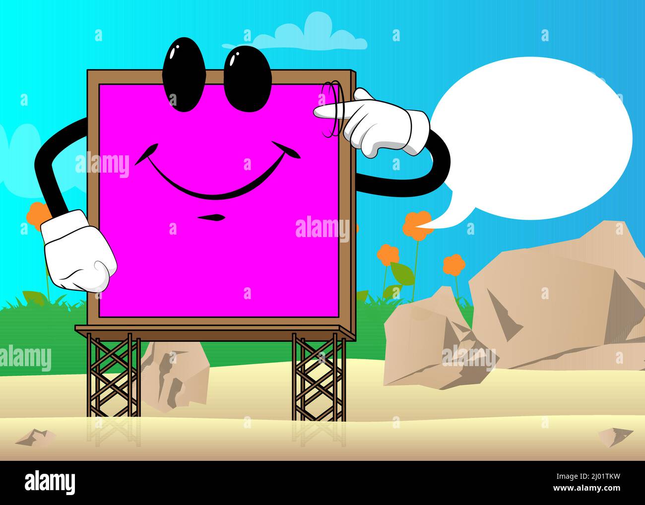 Billboard mostra un gesto di sei NUTS girando il dito intorno al suo tempio. Carino cartoon segno di pubblicità, carattere banner. Illustrazione Vettoriale