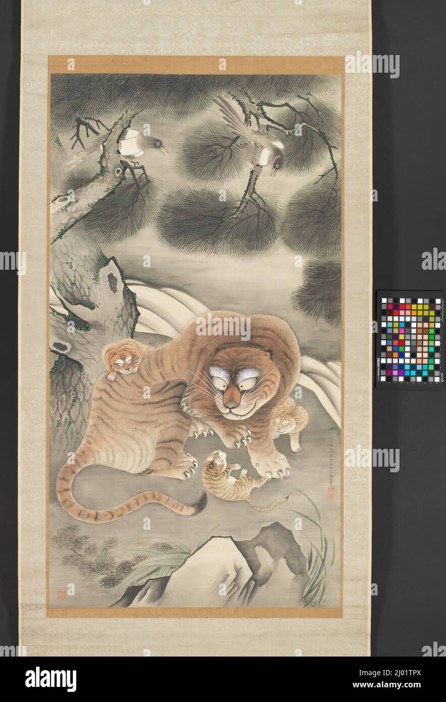 Famiglia Tiger e Magpies. Tani Bunchō (Giappone, 1763-1840). 1807 (Bunka 4, 12th mesi, 18th giorni). Quadri; scorre. Rotolo sospeso; inchiostro e colore su seta Foto Stock