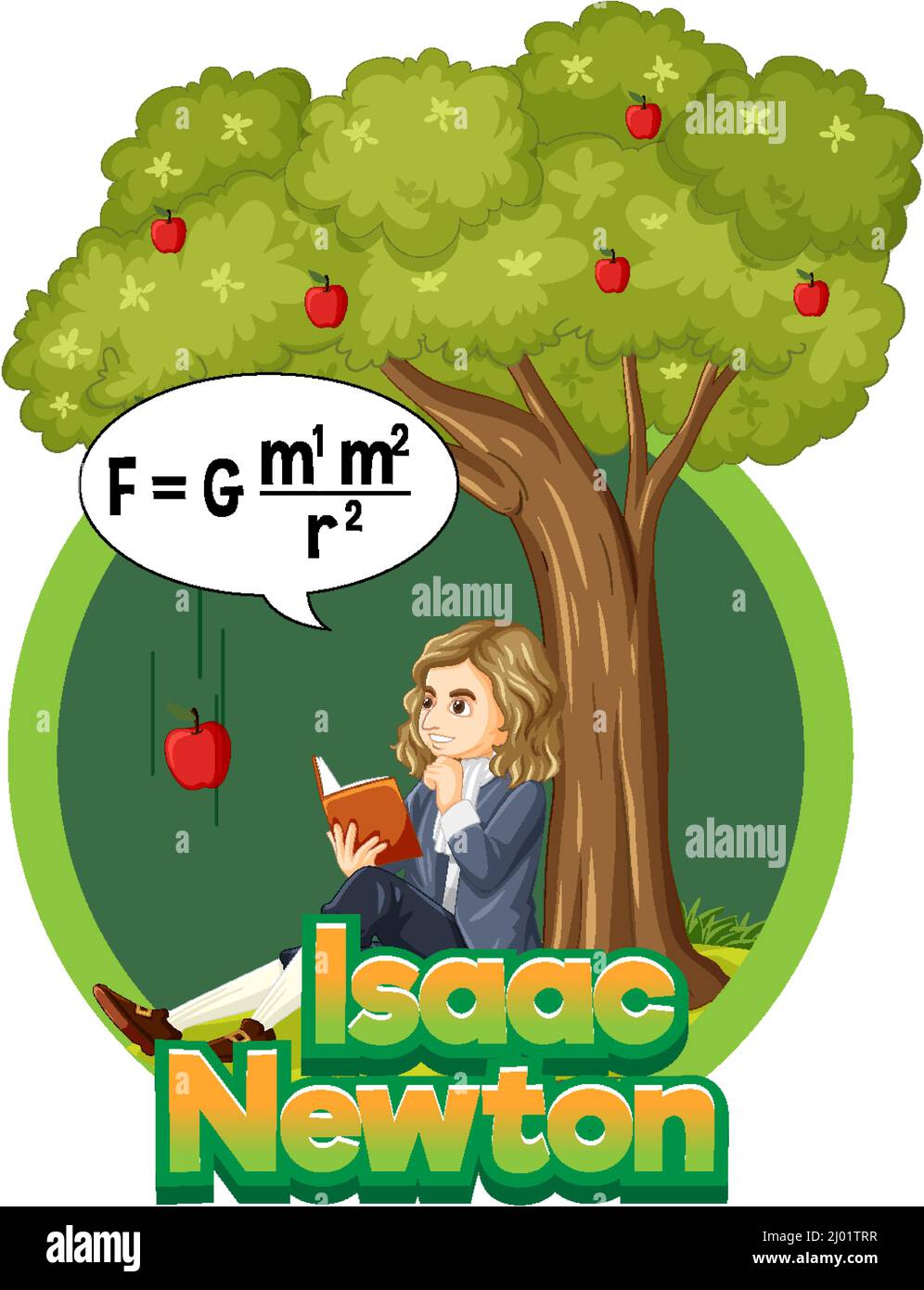 Isaac Newton seduto sotto l'illustrazione dell'albero della mela Illustrazione Vettoriale