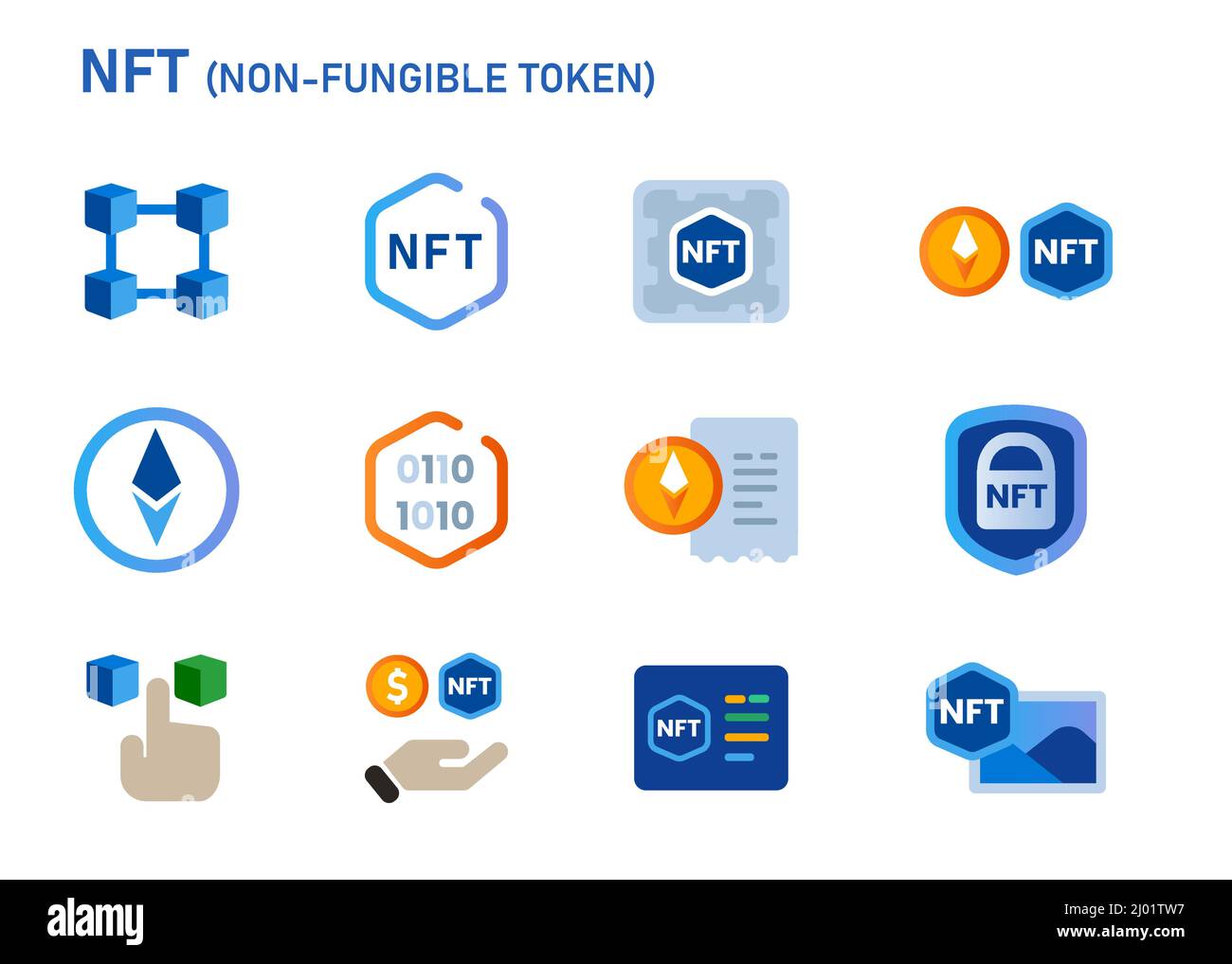 Set di icone NFT, set di illustrazioni grafiche token non-fungibili Illustrazione Vettoriale