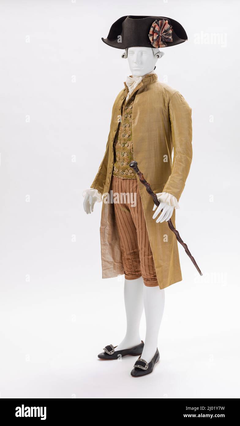 Braghe. Francia, circa 1790. Costumi; abbigliamento principale (corpo inferiore). Twill in cotone con motivo in raso di seta Foto Stock