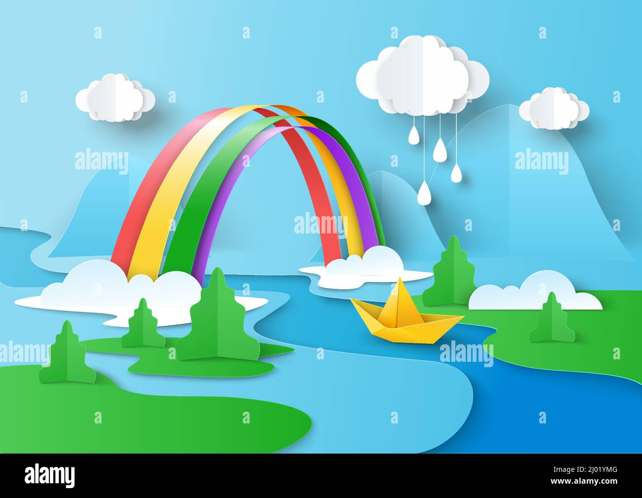 Nuvole piovose nel cielo, arcobaleno sospeso sul fiume, barca galleggiante sull'acqua, illustrazione vettoriale in stile cartaceo. Illustrazione Vettoriale