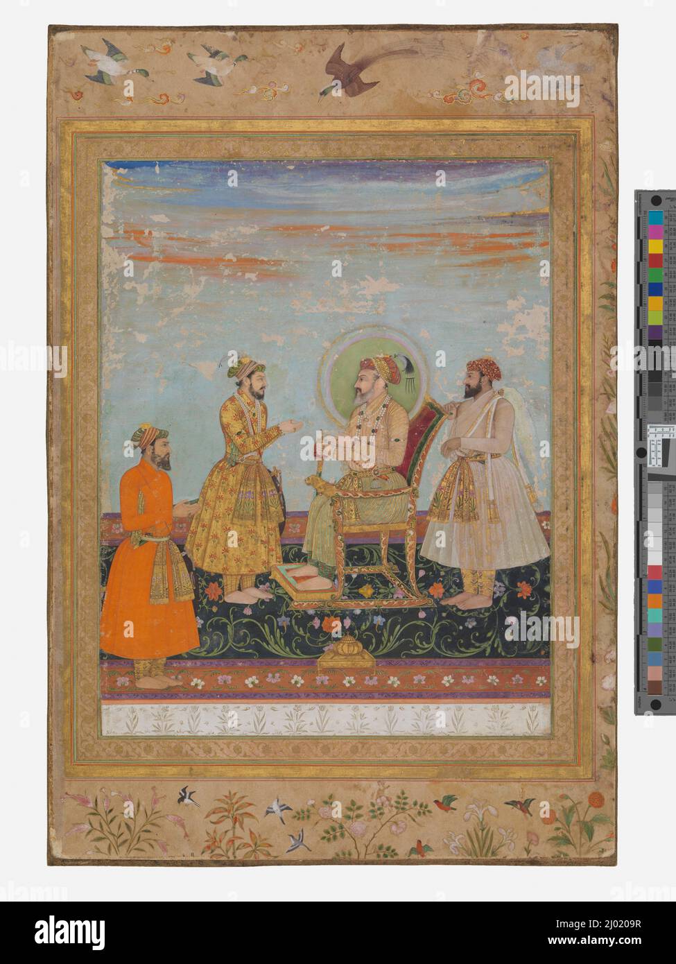 L'Imperatore Shah Jahan (regnò il 1628-1658) riceve Dara Shikoh, Folio dall'album Late Shah Jahan. Attribuito ad Hunhar (India, attivo a metà del 17th secolo). India, impero Mughal, circa 1650. Disegni; acquerelli. Acquerello opaco, oro e inchiostro su carta Foto Stock