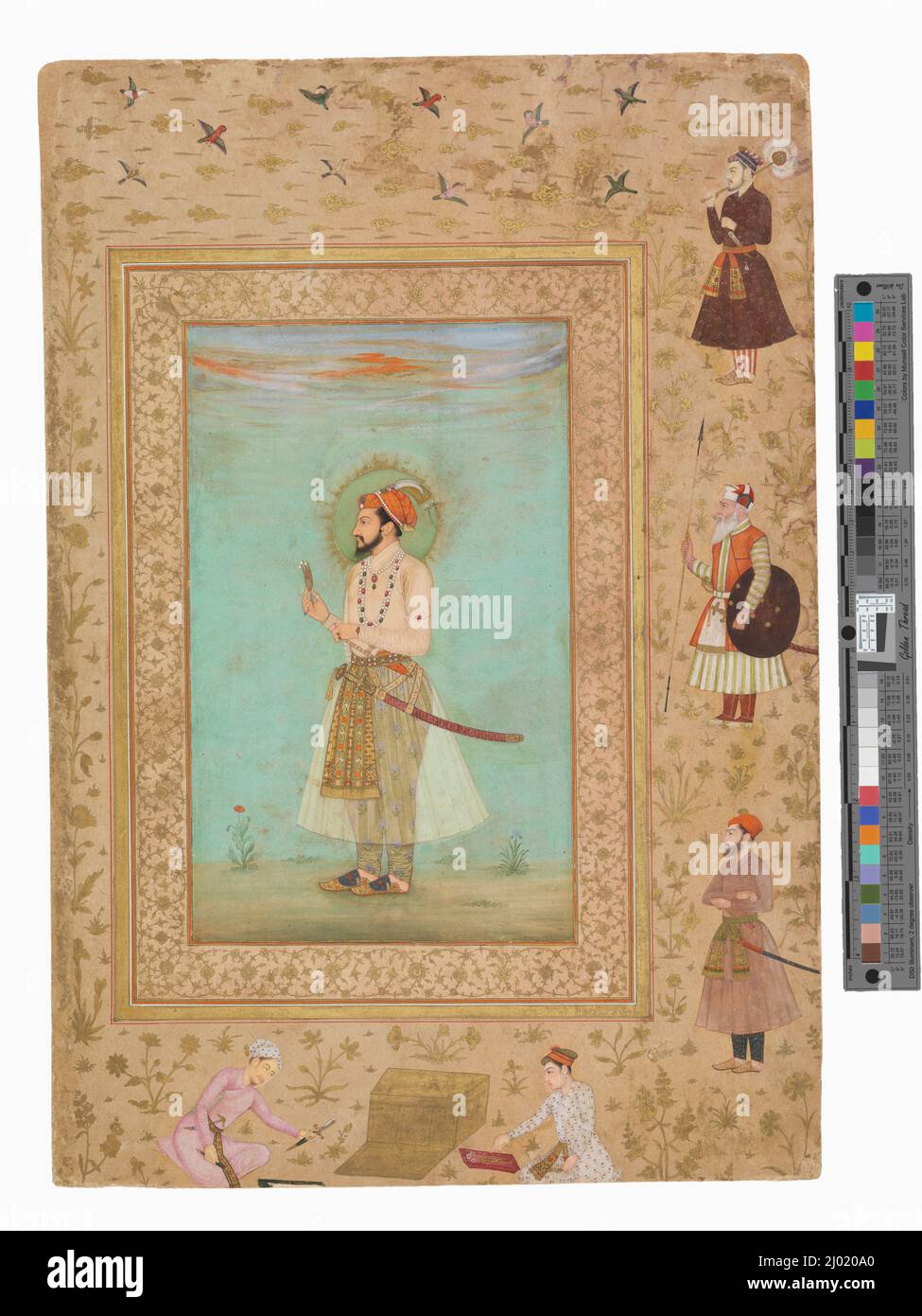 L'imperatore Shah Jahan (r. 1628-1658) (verso), Calligraphy (recto), Folio dell'album Late Shah Jahan. Attribuito a Bichitr (India, attivo circa 1610-circa 1660) forse Mir Ali (1500-circa 1544). India, impero Mughal (verso); Iran (recto), circa 1650 (verso), 1500-1544 (recto). Disegni; acquerelli. Acquerello opaco, oro e inchiostro su carta (verso), inchiostro su carta (recto) Foto Stock