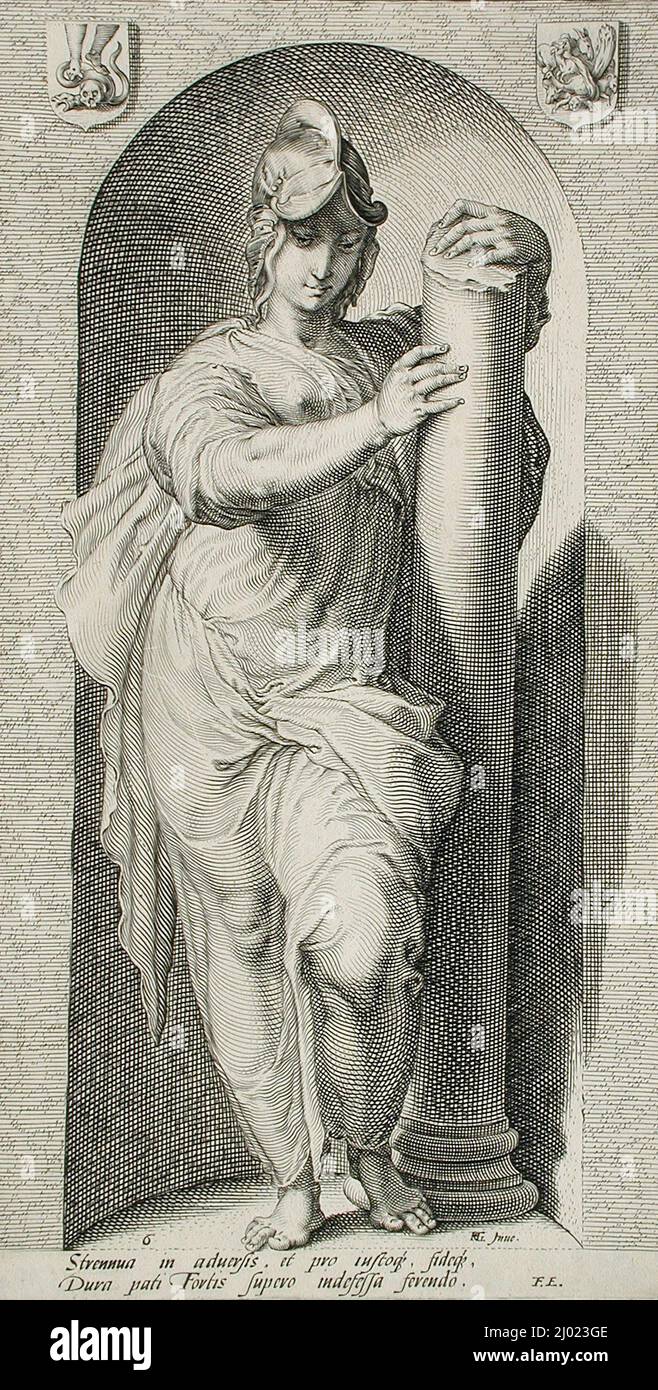 Forza. Jacob Matham (Olanda, Haarlem, 1571-1631)Jan Pietersz. Saenredam (Olanda, Zaandam, circa 1565-1607). Olanda, 1593. Stampe; incisioni. Incisione Foto Stock