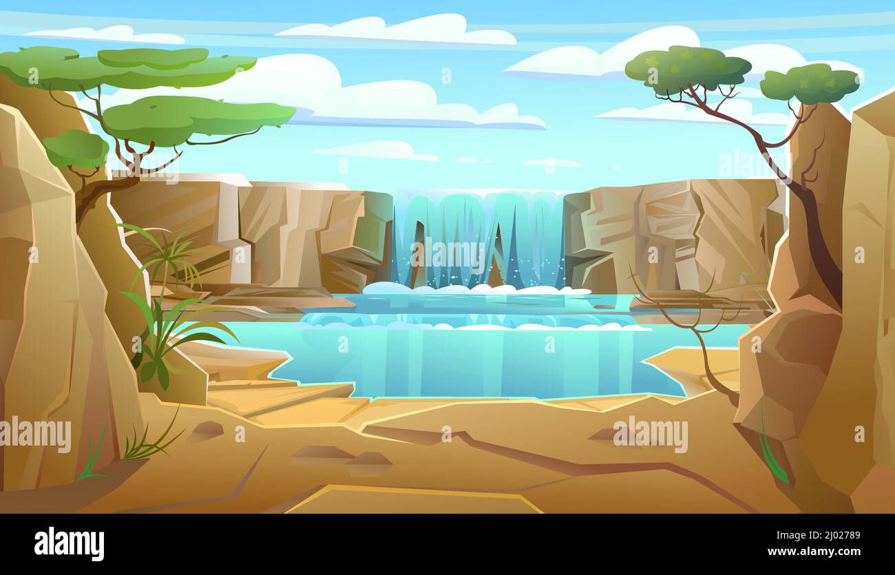 Paesaggio lacustre africano con cascata tra le rocce. La cascata fruscii verso il basso. Flusso d'acqua. Rami di acacia. Stile cartoon cool. Vettore. Illustrazione Vettoriale