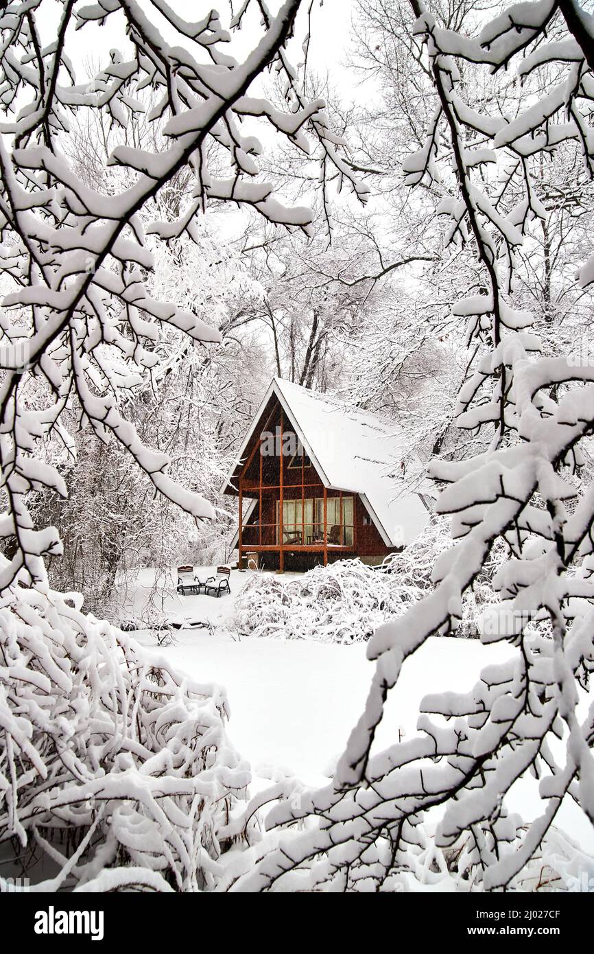 Cabina invernale perfetta in inverno sul lago ghiacciato con rami innevati Foto Stock