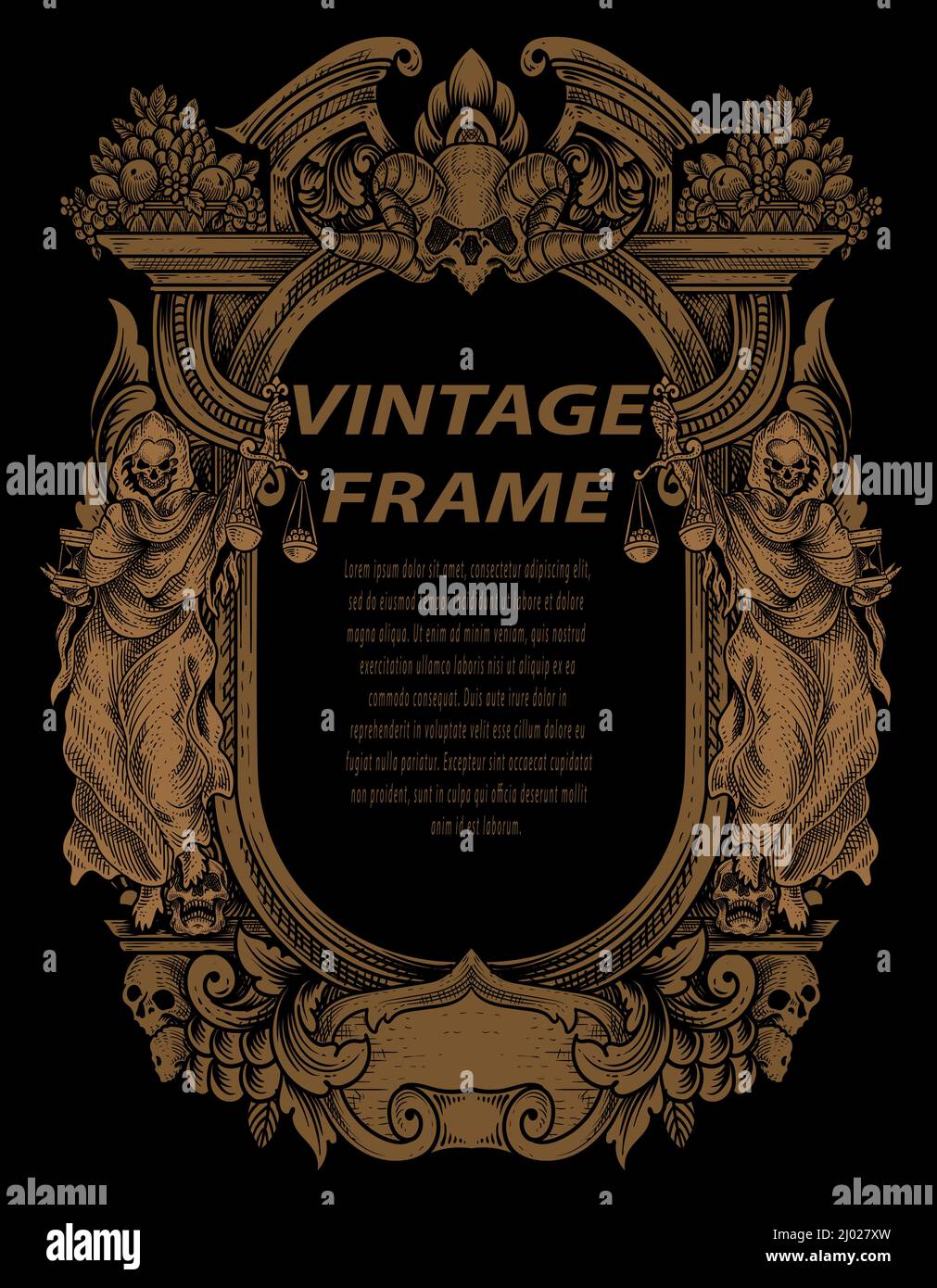 Vintage frame in stile barocco antico. Incisione cornice retrò ornamento. Illustrazione Vettoriale