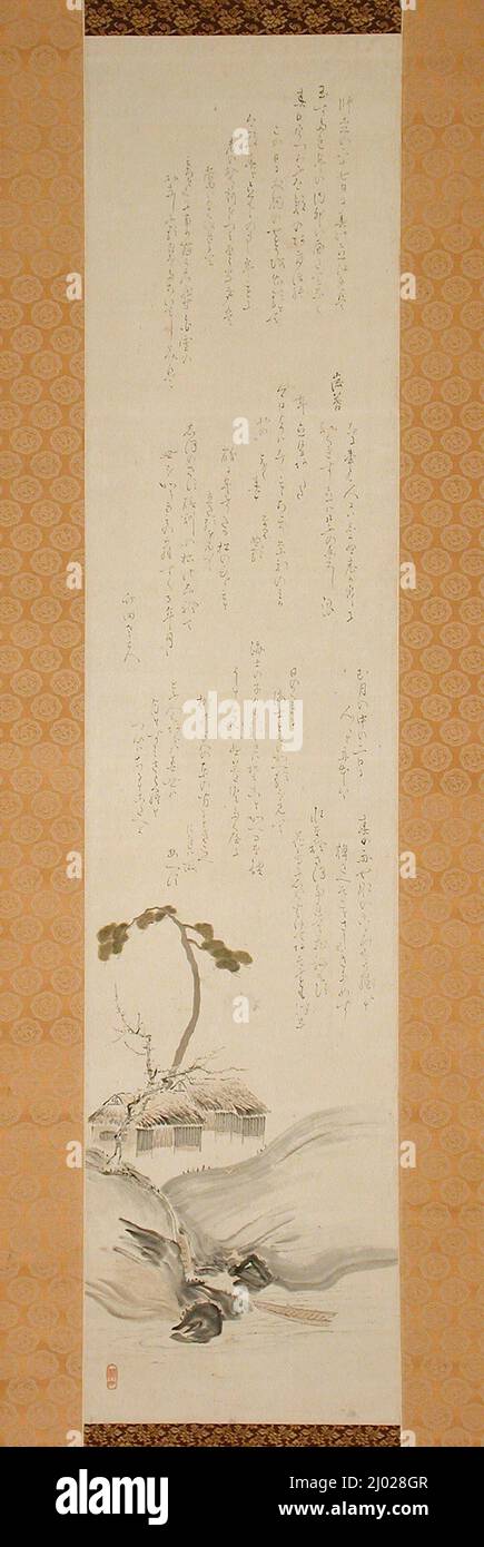 L'abode del poeta sulla riva, con poesie di Capodanno. Attribuito a Tanomura Chikuden (Giappone, 1777-1835). Giappone, fine 18th-inizio 19th secolo. Quadri; scorre. Scorrimento sospeso; inchiostro e colore sulla carta Foto Stock